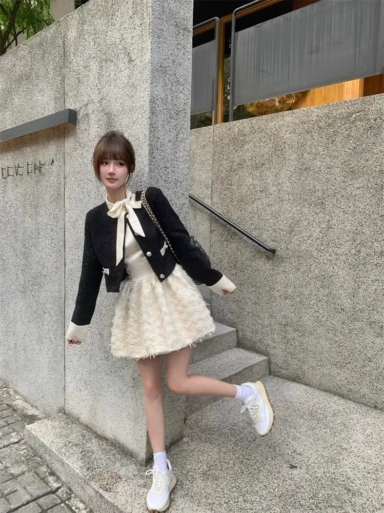 

Tweed Jacket Long Sleeve Womens Winter Glitter Korean Style Cuffed Panelled Snap-Button Crew Multi-Functional Double-Sided Daily