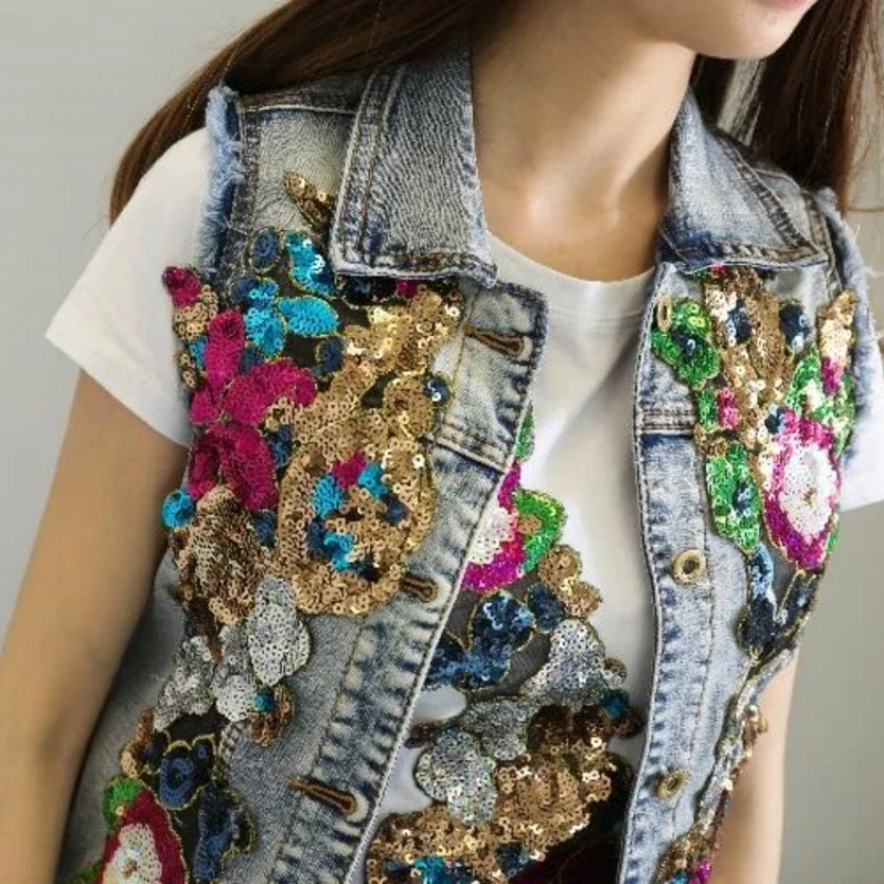 النمط الأوروبي الدنيم البدلة موضة الزي المرأة الجديدة زهرة مطرزة سترة جينز وسراويل جينز قطعتين مجموعة الإناث #5