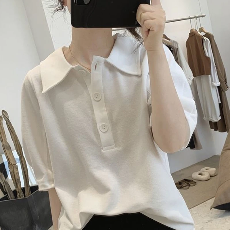 Zomer Witte Korte Mouw Vrouwen Polo T Shirts Knoop Mode Sweet Harajuku Persoonlijkheid Casual Oversized Pullover Dagelijks Kantoor