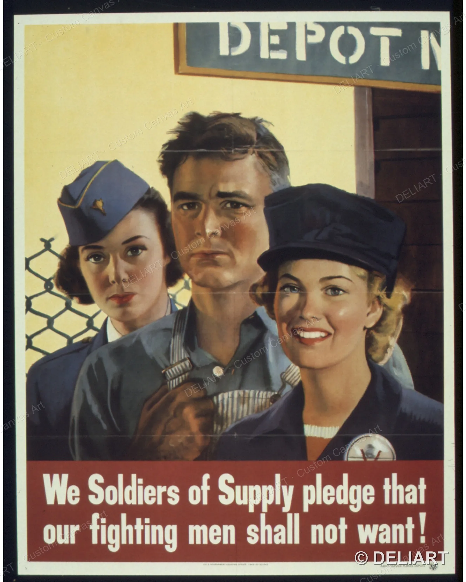 WE SOLDIERS OF SUPPLY PLEDGE THAT OUR FIGHTING MEN SHALL Vintage WWII Propaganda Canvas Wall Art Poster Print Unframed