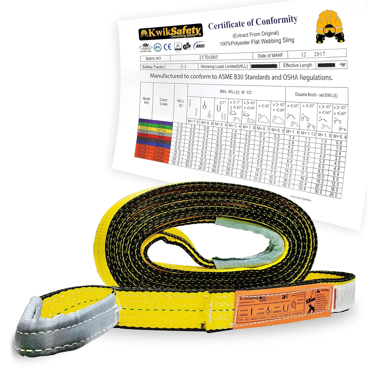 

Mighty Sumo 2"x30' Poly Web Sling Lifting Strap, ASME OSHA Certified, 6400lbs Vertical, 5100lbs Choker, Rigging Gear