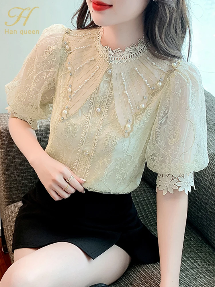 H Han Queen New Blouse Women Spring Summer Embroidery Crochet Beading Shirts Office Work Blouse Puff Sleeve Vintage Loose Tops