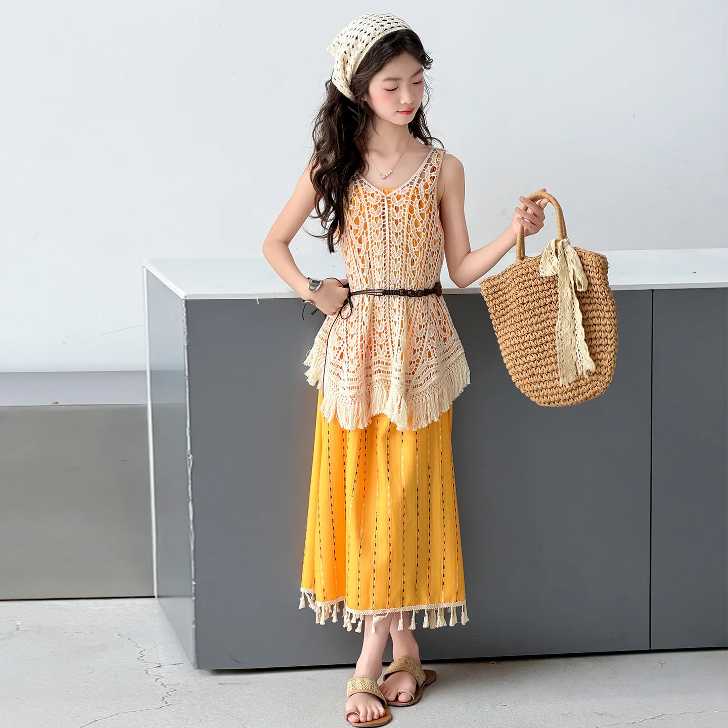 Girls 2026 Summer Vacation Style Sleeveless Cover Up Dress Set Strapless Girl Long Dress