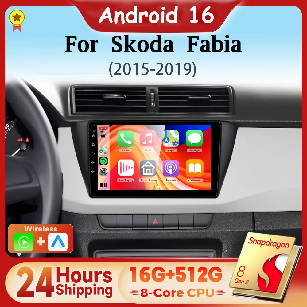 Android 16 Qualcomm Carplay Auto 2K Screen Car Radio Multimedia Player For Skoda Fabia 3 III 2015 - 2019 GPS 24-Hour Shipping