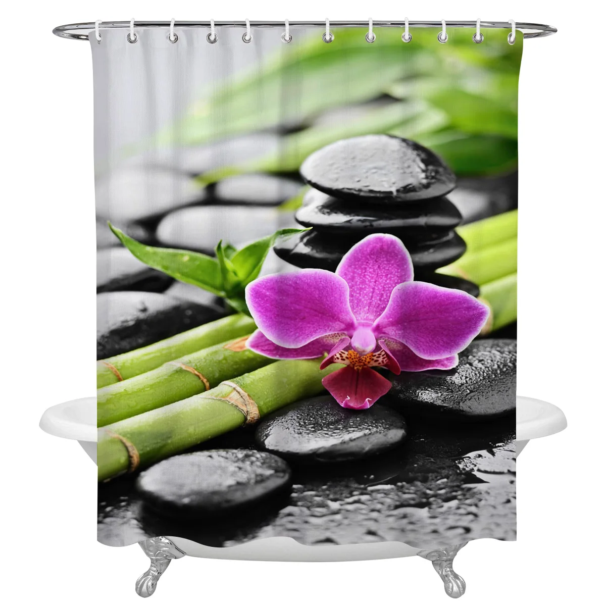 Orchid Dewdrop Zen Stone Arrow Bamboo Waterproof Bathroom Decoration Shower Curtain With Hook Bath Curtains Bathroom Accessories