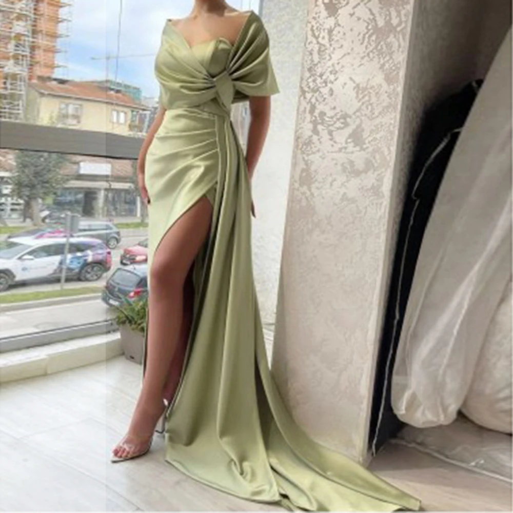 

LSYX Elegant Satin Off-shoulder Evening Dress High Split Backless Pleats Floor Length Sexy Woman Party Prom Gown