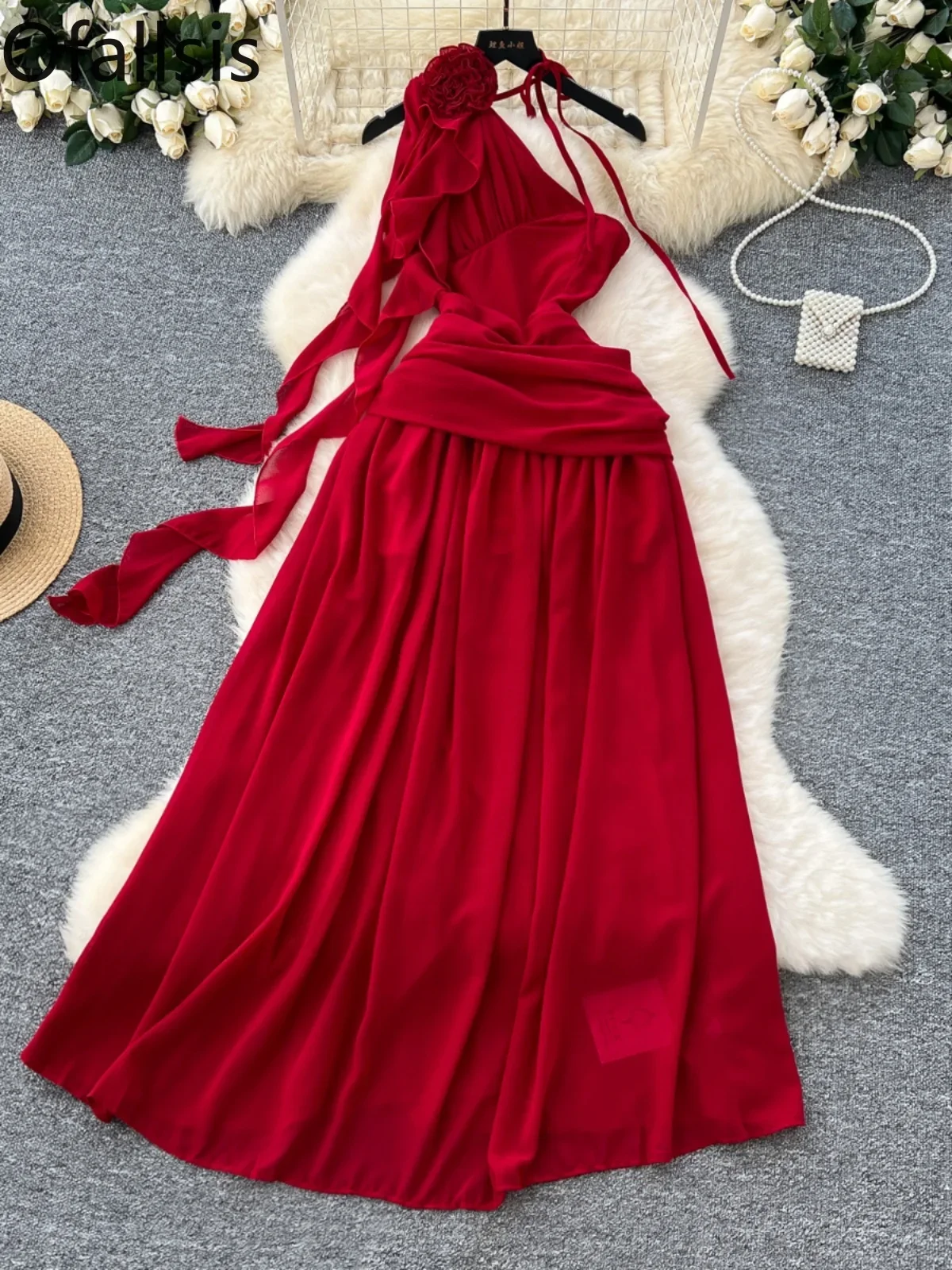 Ofallsis Red Sleeveless Vacation Style Dress 2024 Socialite Three dimensional Flower Sleeveless Hanging Large Swing Long Dresses