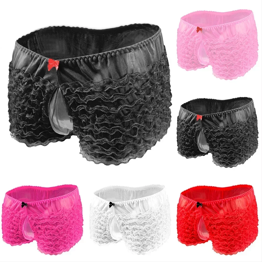 Bragas sexis para hombre, ropa interior con bolsa Sissy, calzoncillos de encaje, bragas para pastel, pantalones cortos, calzoncillos con lazo,