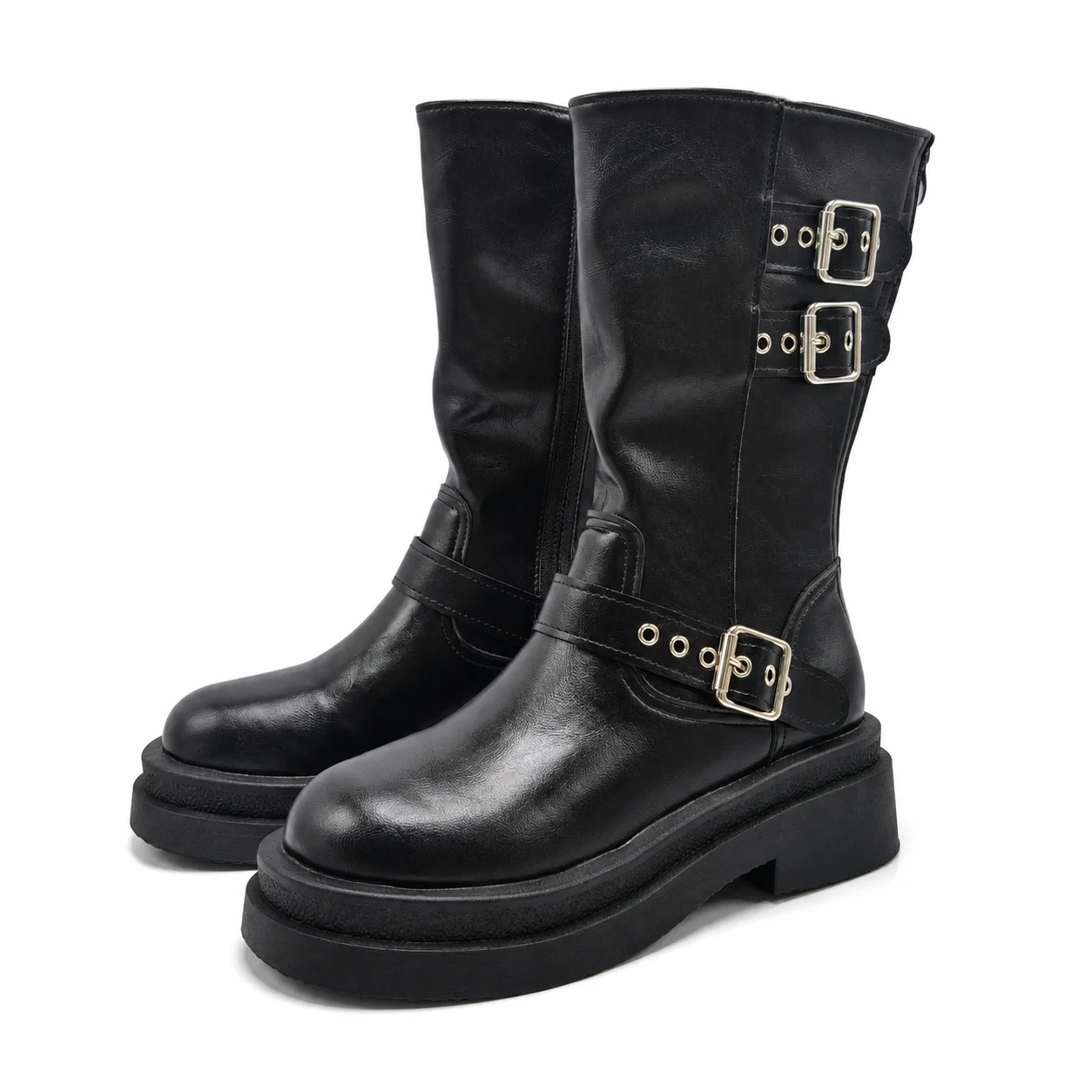 Botas de media pantorrilla para mujer con hebilla, plataforma, suela gruesa, punta redonda, estilo motero, zapatos de motocicleta negros de moda para otoño e invierno
