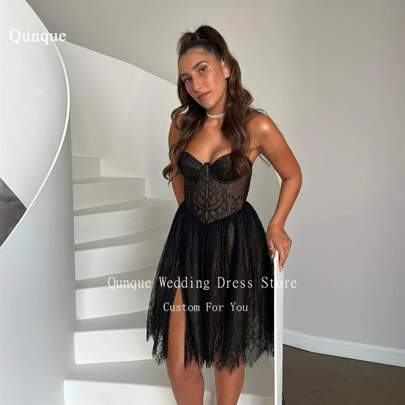 

Qunque Sexy Mini Prom Dresses Black Lace Leg Slit Short Strapless Cocktail Dresses Corset Back Dubai Abiye Elbiseler Customized