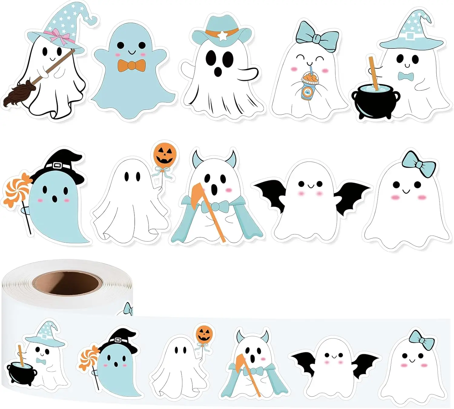    500 Stück blaue Halloween-Aufkleber auf Rolle, niedliche Geister, gruselig für Halloween-Party, Umschlag, Scrapbook, Dekoration, Schreibwaren-Aufkleber