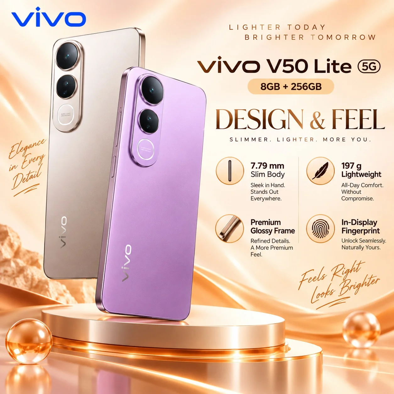 VIVO V50 Lite 5G 8GB+256GB Dimensity 6300 120Hz AMOLED 50MP Sony Camera 6500mAh 90W Fast Charge IP65 5G Dual SIM Smartphone NFC