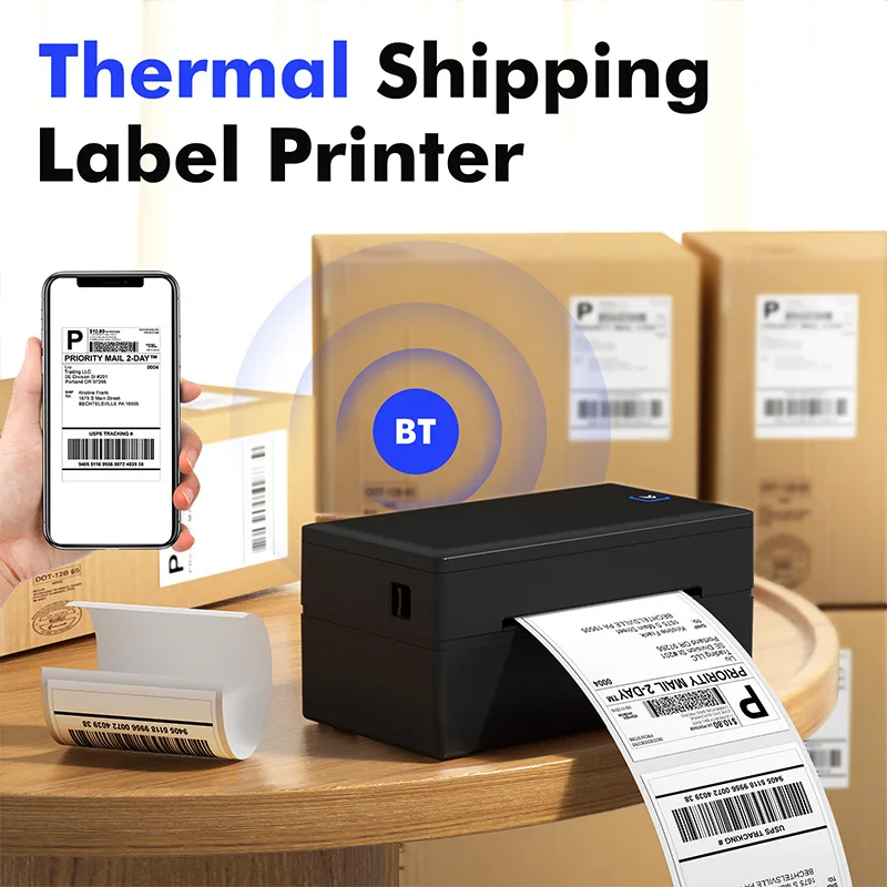 Bluetooth 4x6 shipping label printer compatible with Android, iOS, Windows, MacOS, widely used on Amazon, eBay, Shopify, Etsy