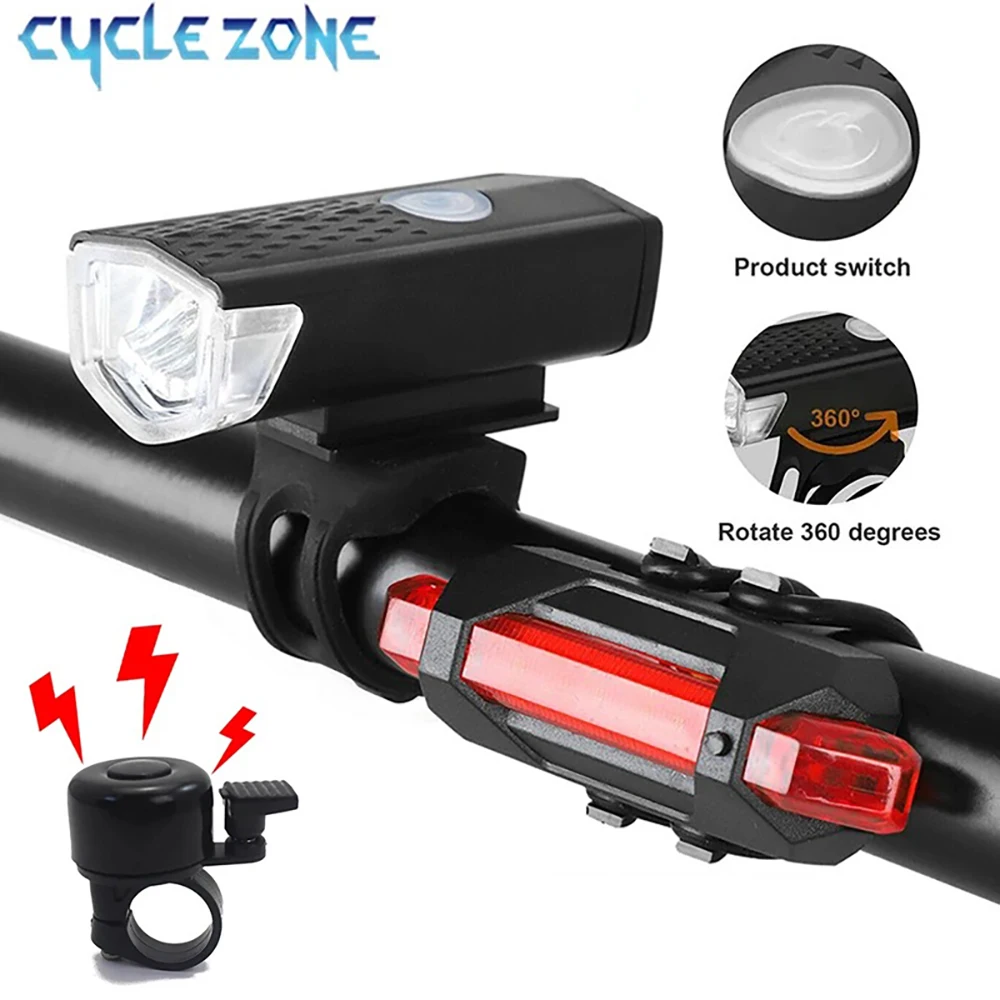LED Front Rear Light Bell Set Rechargeable Headlamp Multimode Taillight for MTB Road Bike Night Cycling Outdoor Safety Riding