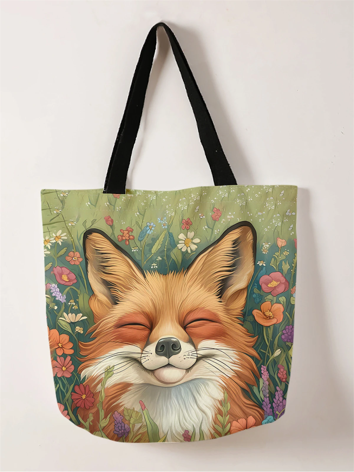 

1шт, сумка с цветком лисы, многоразовая модная сумка, многофункциональная сумка, холщовая сумка для покупок с принтом