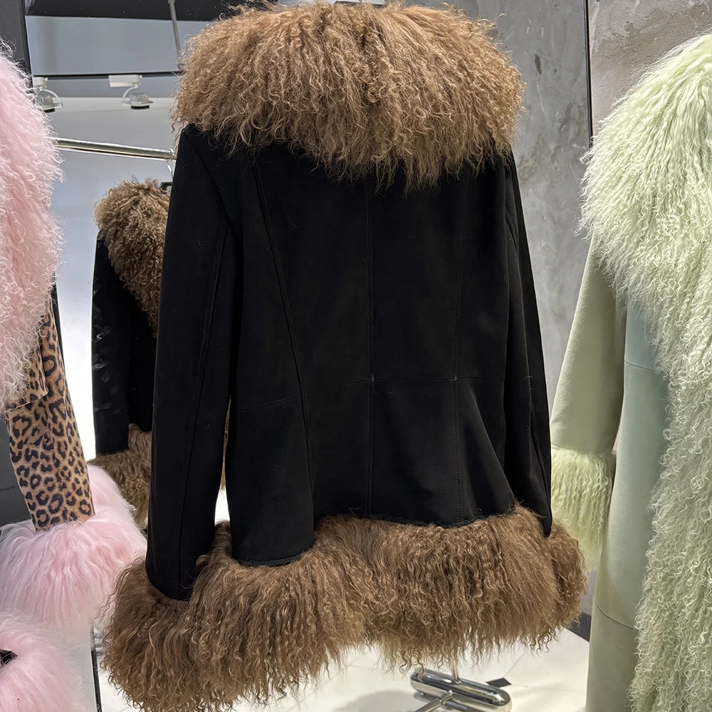 YOLOAgain Real Mongolia Sheep Fur Collar Real Leather Jacket Coat Women