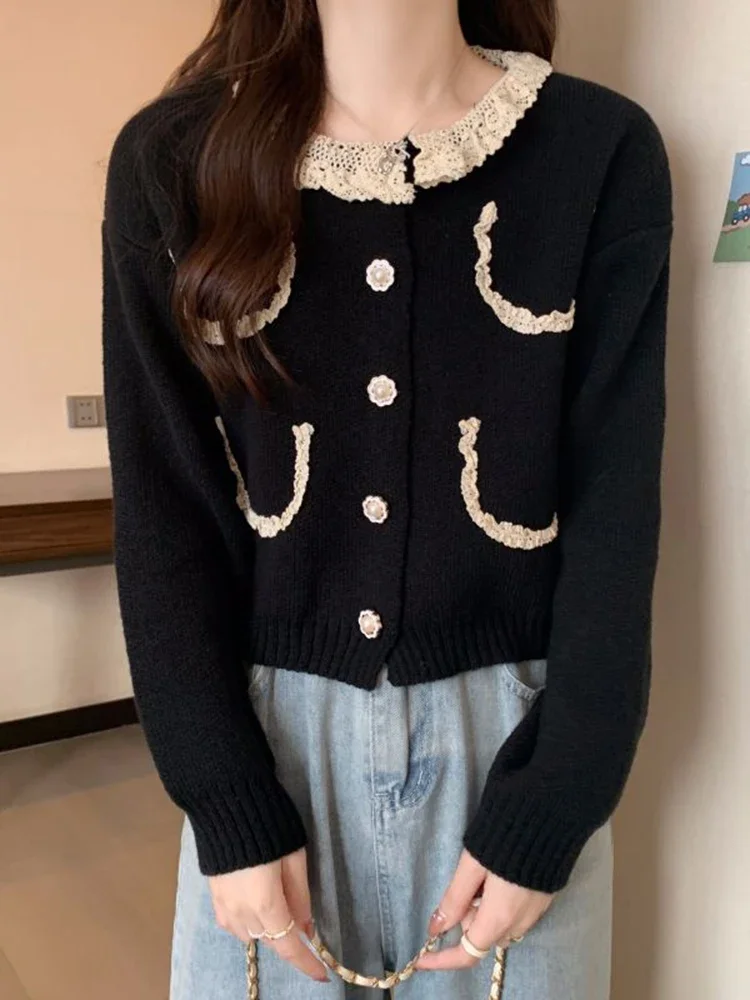 

Японские вязаные свитера, элегантный повседневный свободный однотонный дизайн, женская верхняя одежда, кружевной лоскутный женский кардиган, милый с длинным рукавом