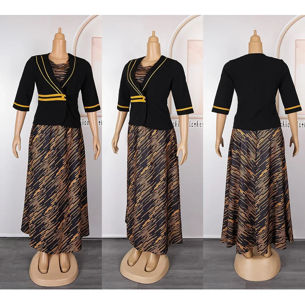 2-częściowy zestaw afrykańskich sukienek maxi dla kobiet Eleganckie suknie ślubne z indyka z płaszczem Ankara Office Lady Print Outfits Robe 2024