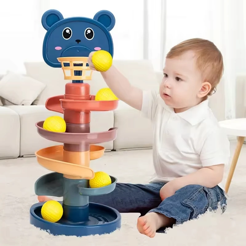 Baby Rolling Ball Tower Montessori Toy Basketball Shooting Track Stacking Sliding Ball Tower Educational Sensory Toy Kids Gift