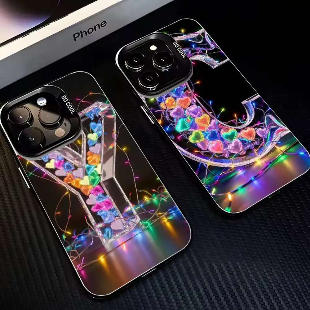 

Letter Pink Shiny M R Clear For iPhone17,16,15,14,13,12,11 Plus,Pro Colorful Silver Phone Case