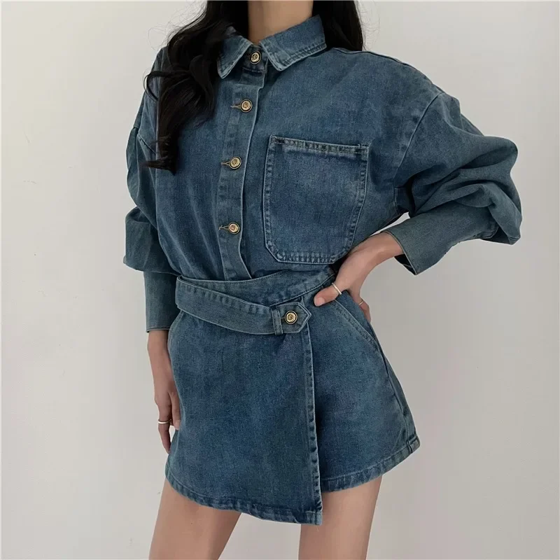 Neploe Vintage Loose Long Sleeve Denim Coat Women+ Y2k High Waist Irregular Shorts Skirts 2024 Spring New Two Piece Sets