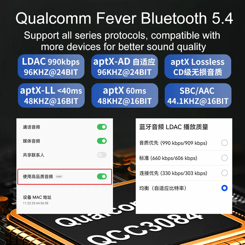 DA585 Bluetooth 5.4 DAC Receiver QCC3084 ESS9039Q2M USB Sound Card LDAC aptX HD AUX RCA Output