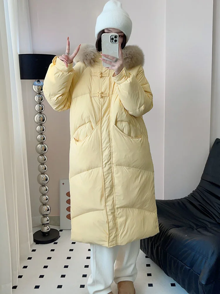 Korean  Big Real Fox Collar 90% White Duck Down Jacket Women\'s Winter New Solid Color Casual Long puffer Warm Coat For Fashion