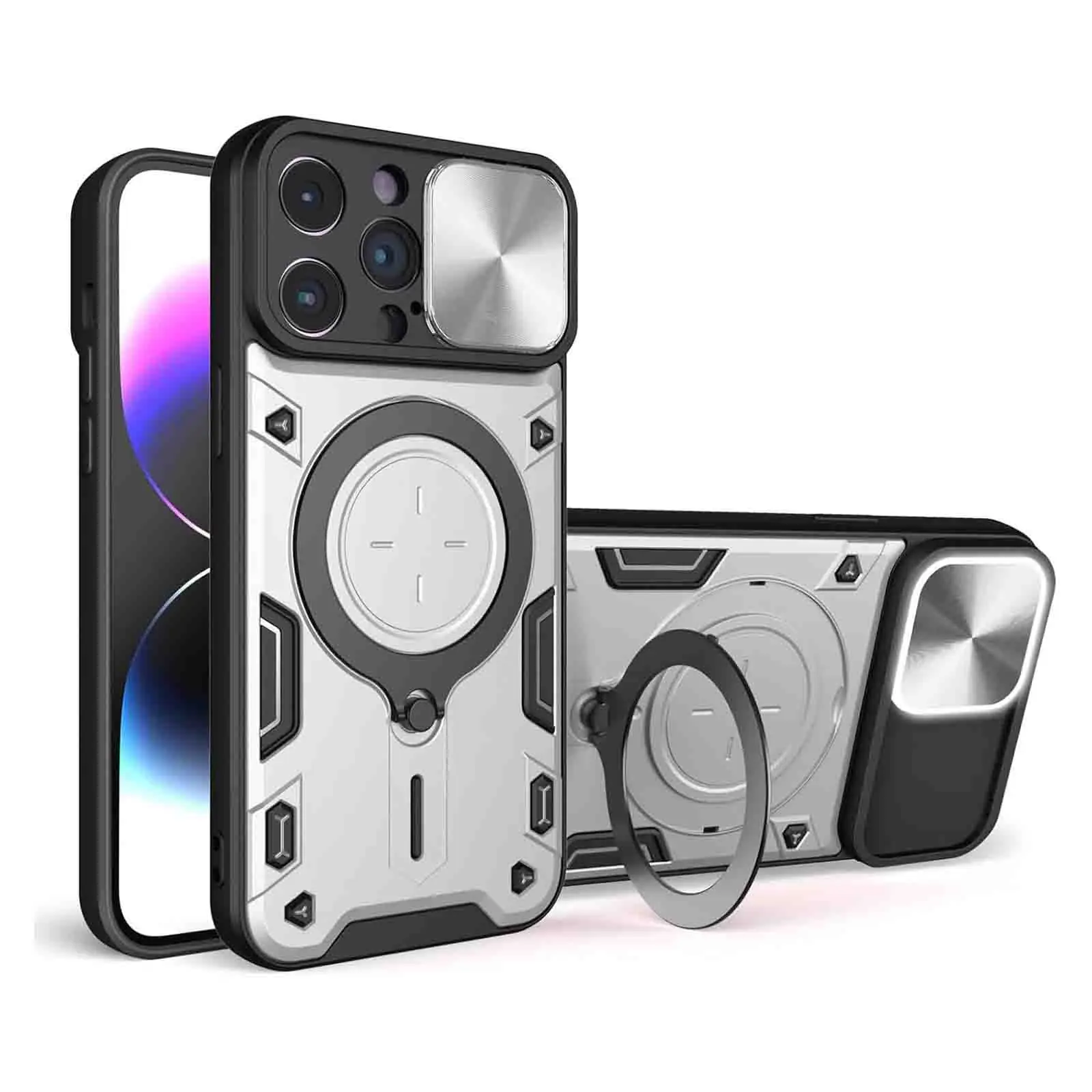 

для iPhone 16 Pro Max/16 Pro/16 Plus/16, военный сверхпрочный защитный вращающийся чехол-подставка со сдвижной крышкой камеры