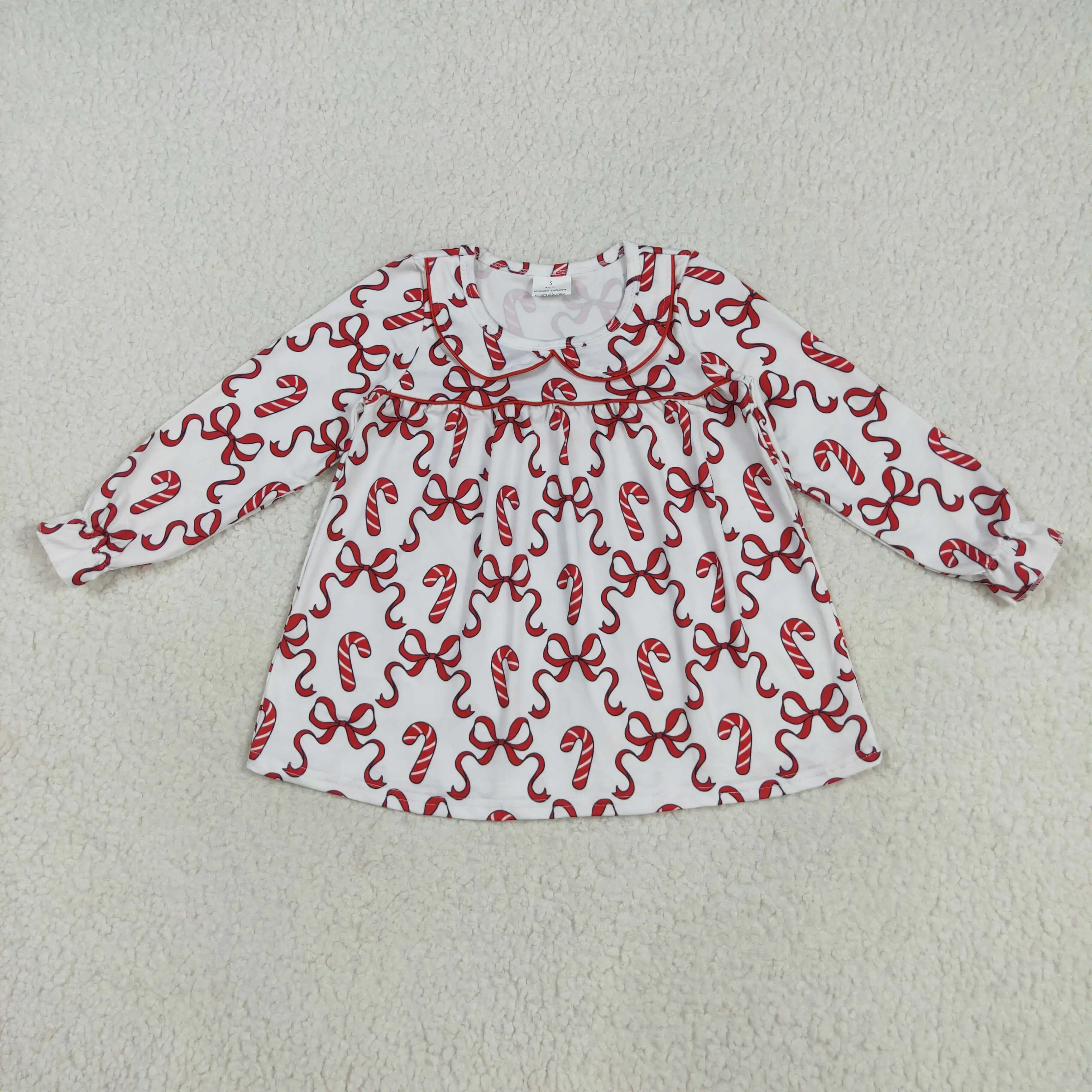 

Red Christmas Bows candy Print Long Sleeve Dress High Quality Girls Casual Clothing Sets Kids Wholesale Set
