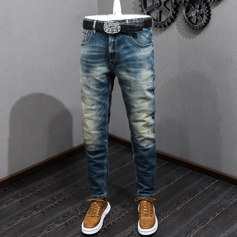 

Newly Fashion Designer Men Jeans High Quality Retro Blue Slim Fit Ripped Jeans Men Trousers Vintage Casual Denim Pants Hombre