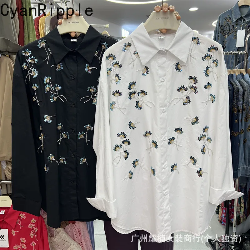 Fashionable New Spring Autumn Loose Women Shirts Embroidery Sequins Flowers Casual Cardigans Top Long Sleeve Female Blouses