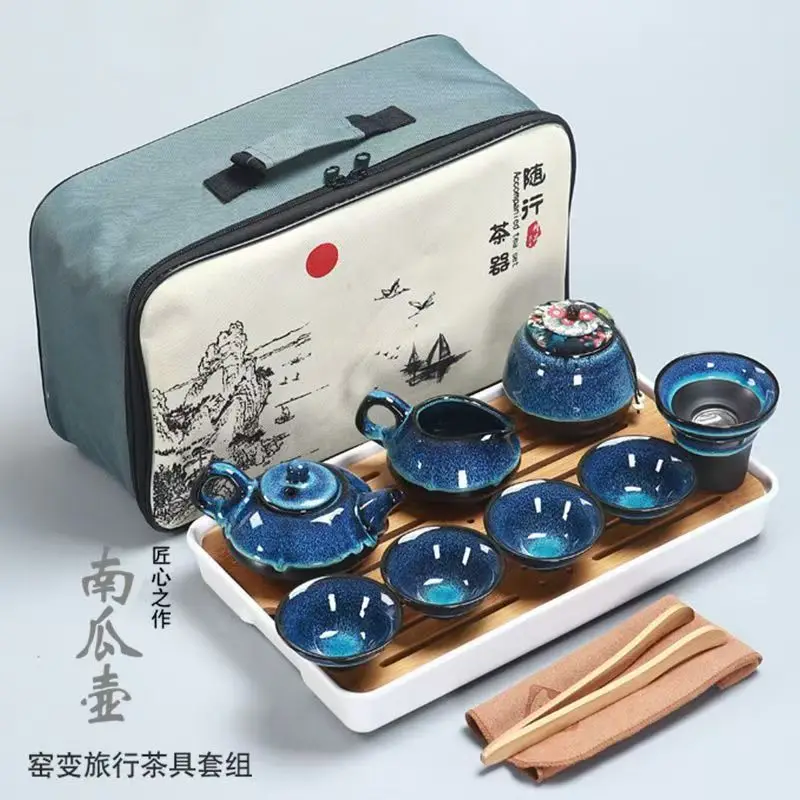 

Chinese Tea Set Blue Amber Glaze Ceramic Jingdezhen temmoku glaze Exquisite Set Kung Fu Tea Cup portable Teapot Gaiwan Tea Cups