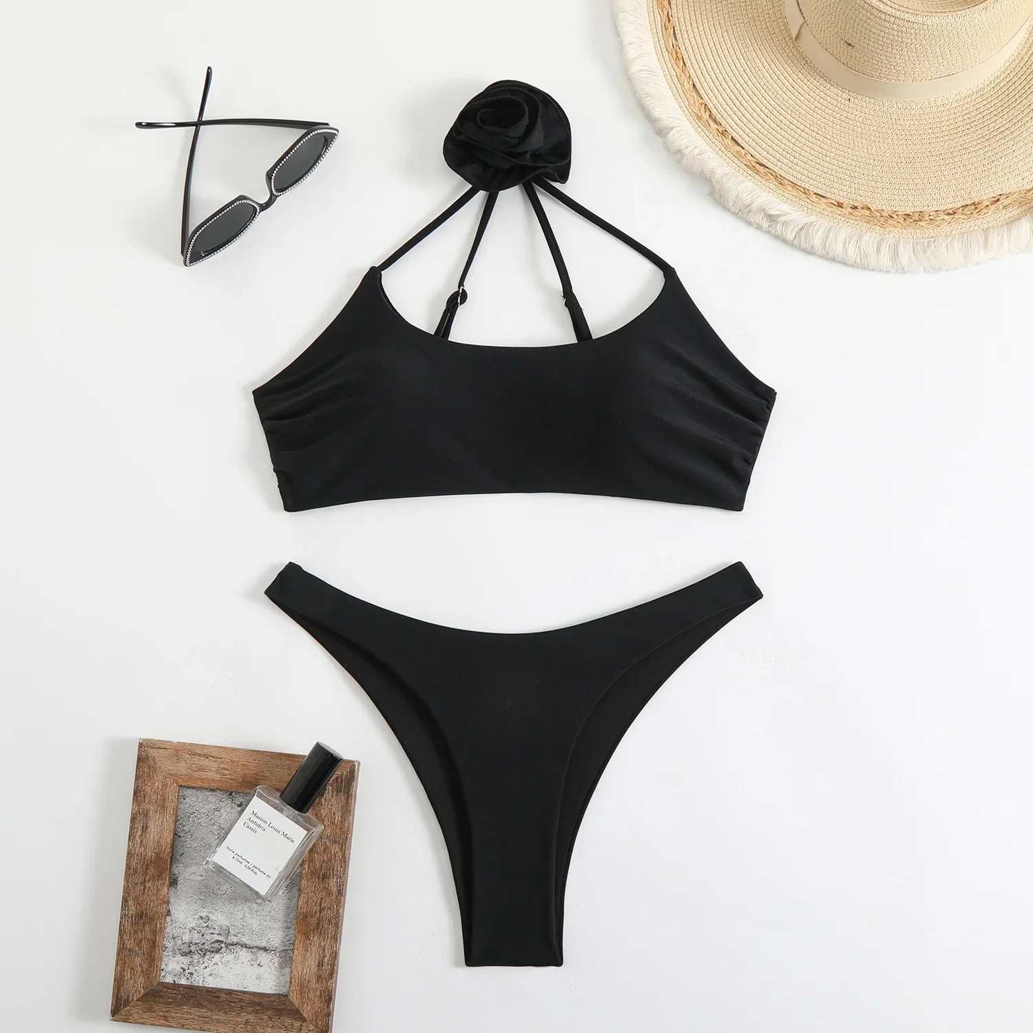 

Sexy Black Bikini 2025 Two Pieces Swimsuit Female Swimwear Women Thong Bikinis Set 3D Flower Halter Beachwear Bathing Suit Swim