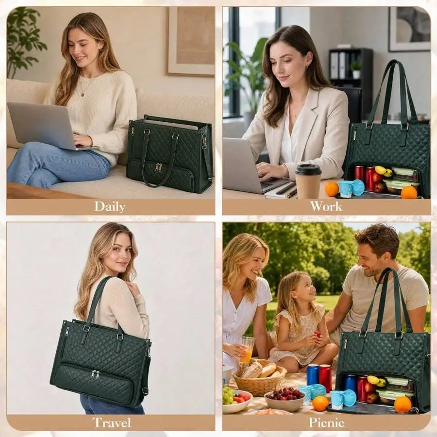 Women's Insulated PU Leather Laptop Tote, 15.6' Work Bag With Leakproof Lunch Compartment & Detachable Wristlet, Waterproof Brie