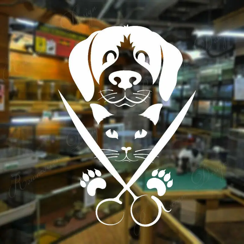 Pets Grooming Salon Dog Cat Logo Scissors Window Stickers Vinyl Art Interior Decoration Decals Removable Wallpaper Murals 4293