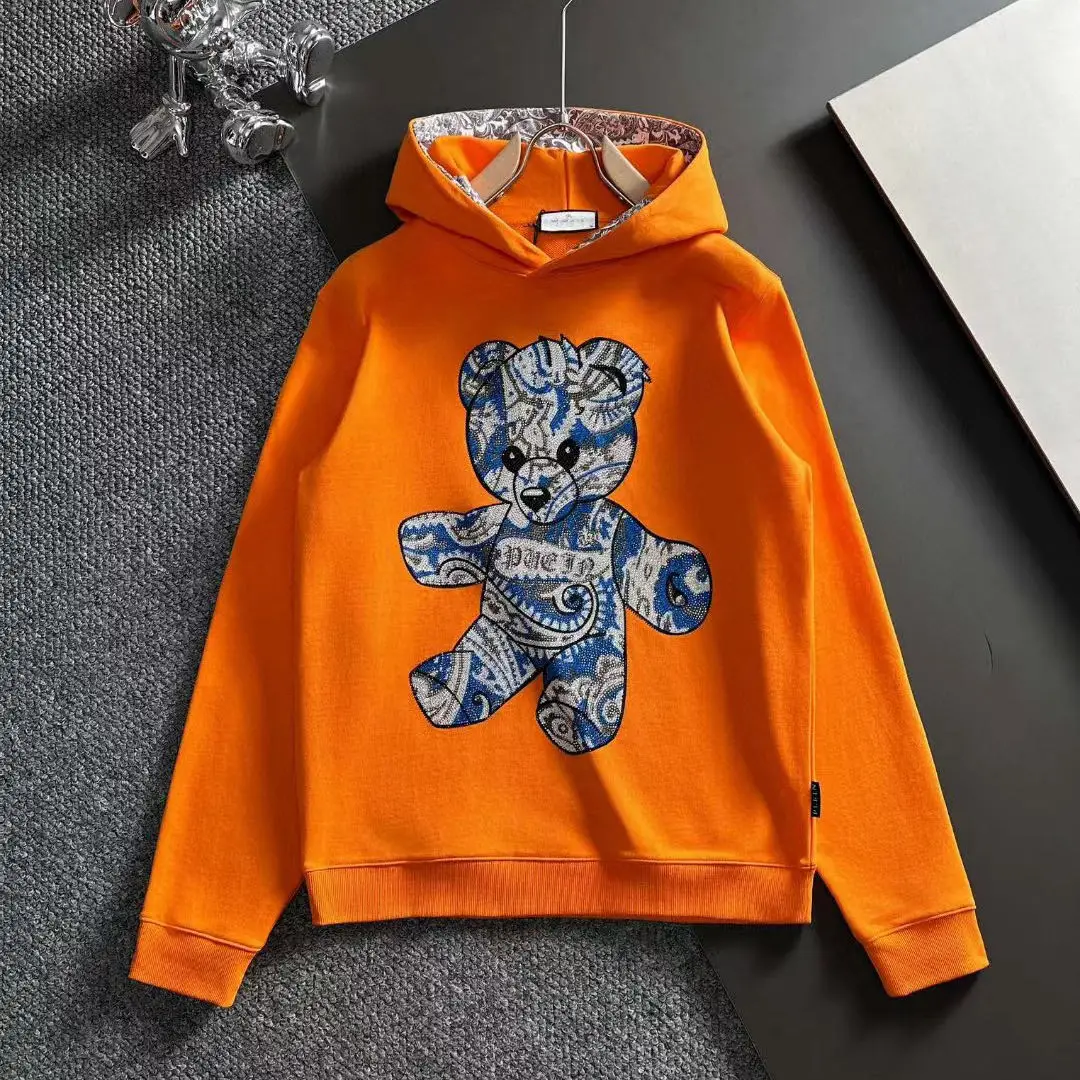 AlexPlein Bear Rhinestones Men's Fashion Clothing 100% Cotton Hoody 2024 Spring Streetwear Hip Hop Luxury Diamond Couple Wear