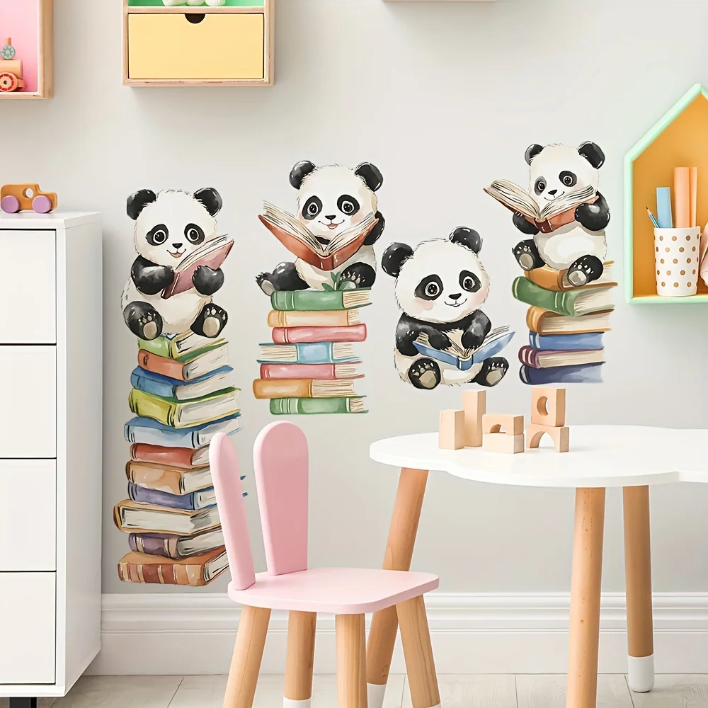 Cartoon Panda Read Book Wall Stickers School Classroom Animal Reading Wall Decals Library Bedroom Home Decoration