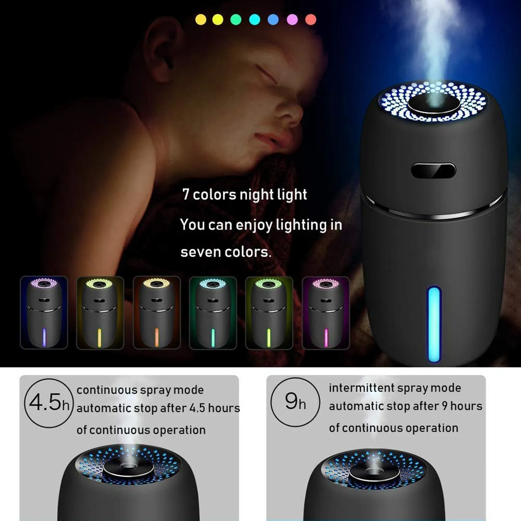 Pelembab udara mobil USB 200Ml, Humidifier portabel Mini dengan 7 warna lampu malam LED, mode kabut yang dapat disesuaikan untuk perjalanan B