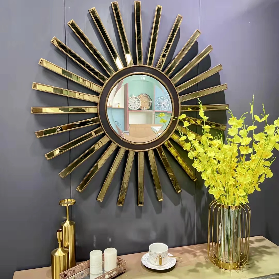 90*90cm Great details large light luxury decorative round wall mounted mirrors modern decor gold sun shaped mirror