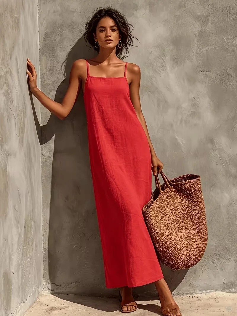Damen Sommer Neues Französisches Leinen-Slip-Kleid, Retro Rotes Kleid mit Quadratischem Ausschnitt, Locker Geschnittenes Langes Kleid, Ausgewähltes Leinen mit Textur und Feuchtigkeitsregulierender Wirkung – Detail 6