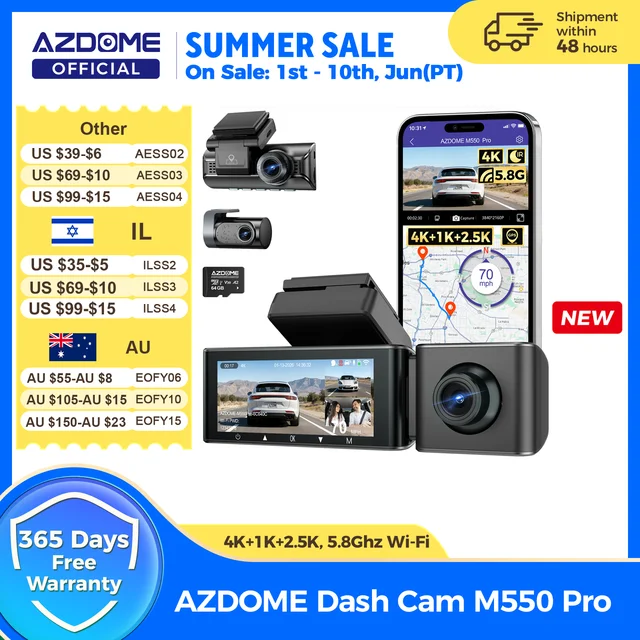 AZDOME M550 Pro Dash Cam Car DVR 5.8Ghz WiFi 3.19" IPS 2 lub 3 kanałowa kamera samochodowa GPS Night Vision Dual 4K+1080P Parking Monitor