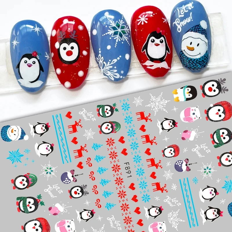 1Sheet Red Santa Claus Nail Art Sticker 3D Christmas Unique Nails Stickers Penguin Snowflake Winter New Year Manicure  Sliders