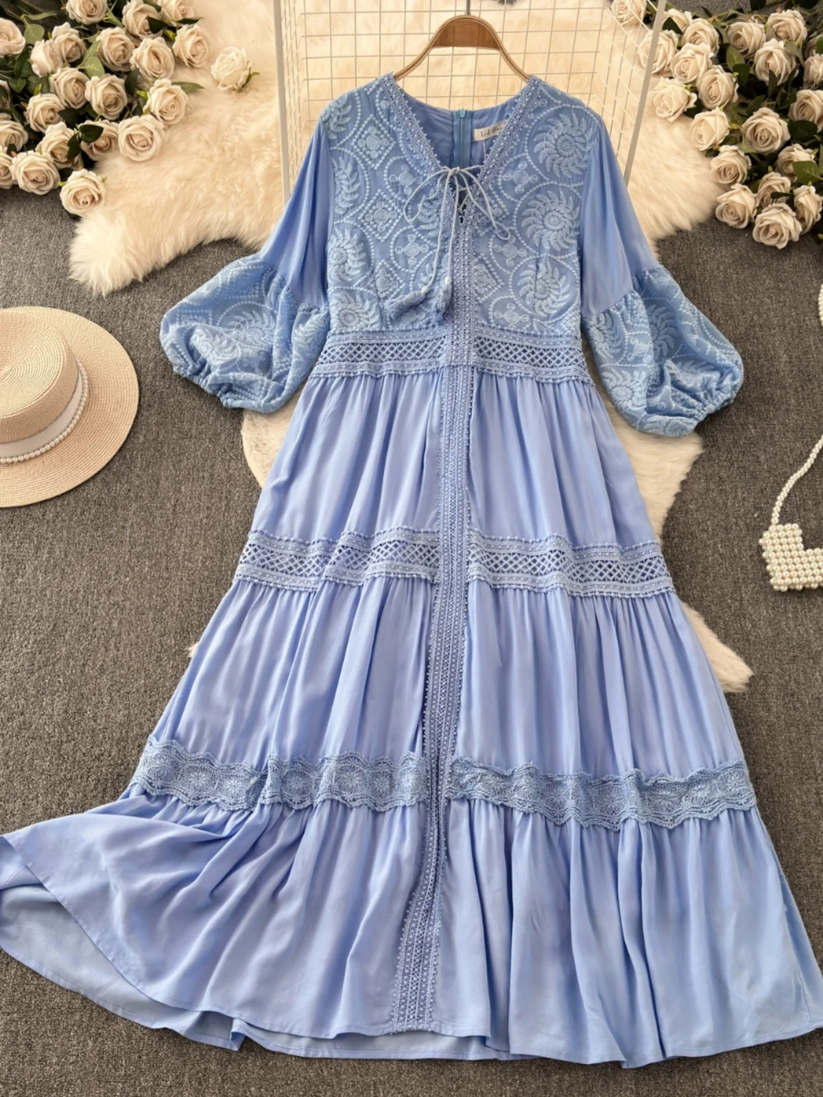 เดรสยาวสไตล์เรโทรสำหรับผู้หญิง รุ่น Dr Summer ดีไซน์หรูหรา ตกแต่งด้วยลูกไม้ปักลาย สไตล์เกาหลี ทรงหลวม เอวไม่รัด