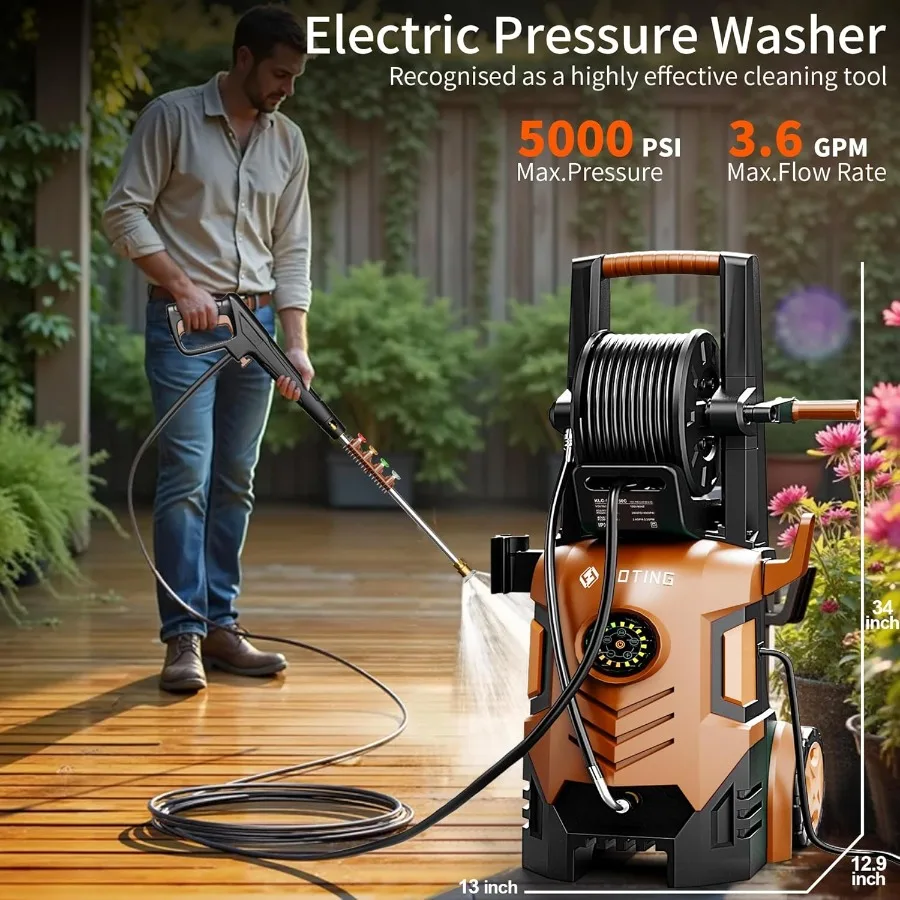 2025 Verbeterde hogedrukreiniger 5000PSI met adj-8-niveau touchscreen 34 hoge hogedrukreiniger 4 snelkoppelingsproeiers InlaatslangFilte