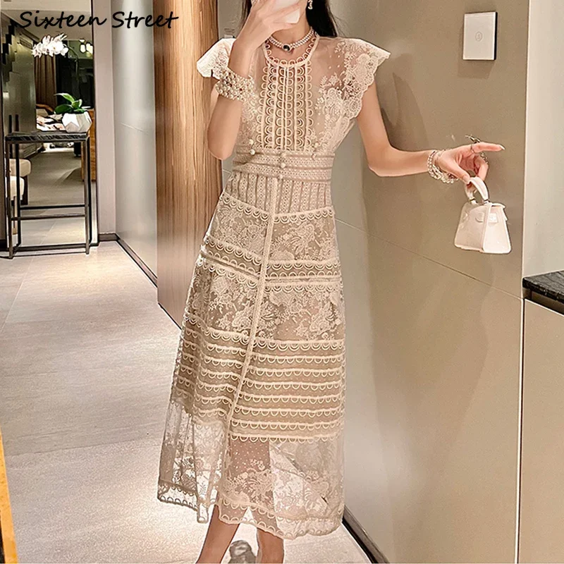 Party Lace Dress Women Apricot  Vintage Embroidery Flora Evening Vestido Women Clothing Sleeveless Elegant Dresses Patch