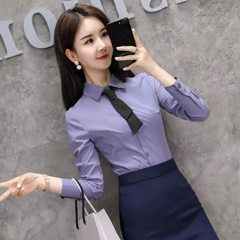 

Fashion Lapel Button Solid Color Spliced Tie Shirts Women's Clothing 2024 Autumn New Loose Chic Tops Office Lady Blouses