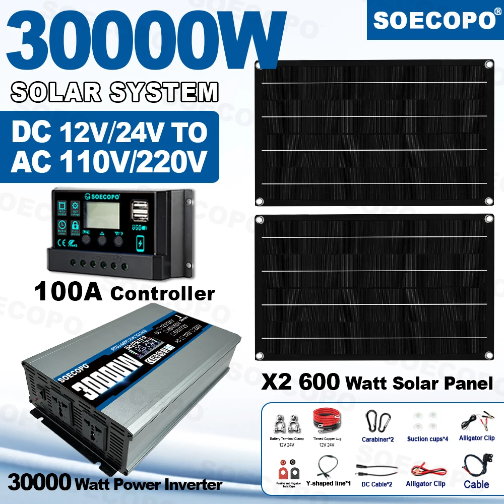 SOECOPO 30000W Peak Solar System Kit-2*600W Photovoltaic Panels 12V 24V To 110V/220V Inverter and 100A Controller for RV Home