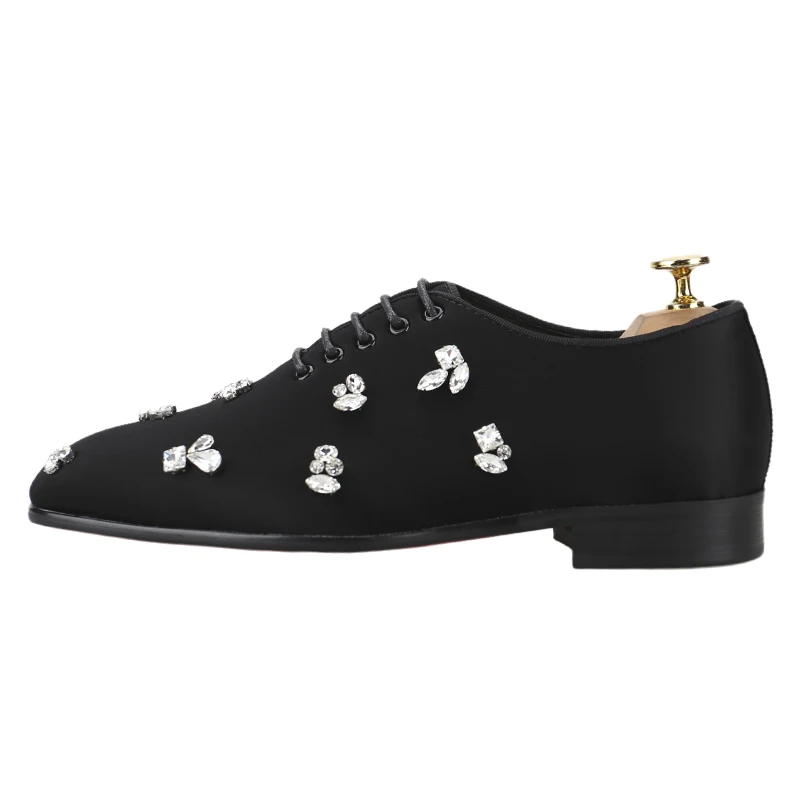 Piergitar New Black Silk With Handmade Crystals Buckles Men's Dress Shoes Italian Brand Same Lace-Up Red Sole Shoes For Concert