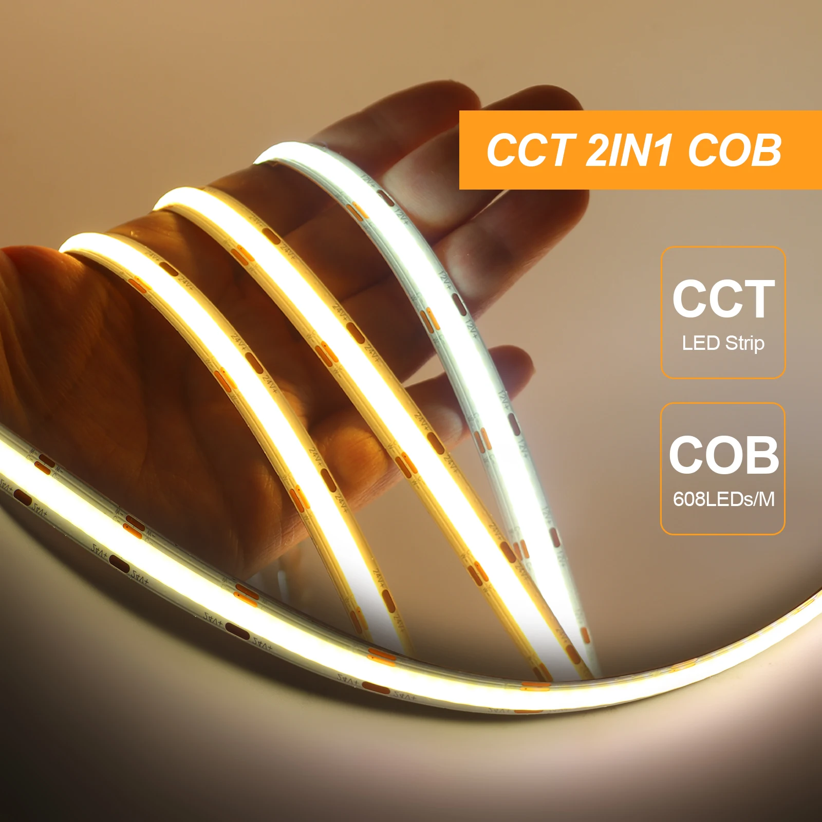 Imagem -02 - Cct Cob Fita Led Impermeável de Alta Densidade Linear Regulável Linear Ip21 Ip67 Flexível Ra90 2700k a 6500k 24v 12v 608leds por m