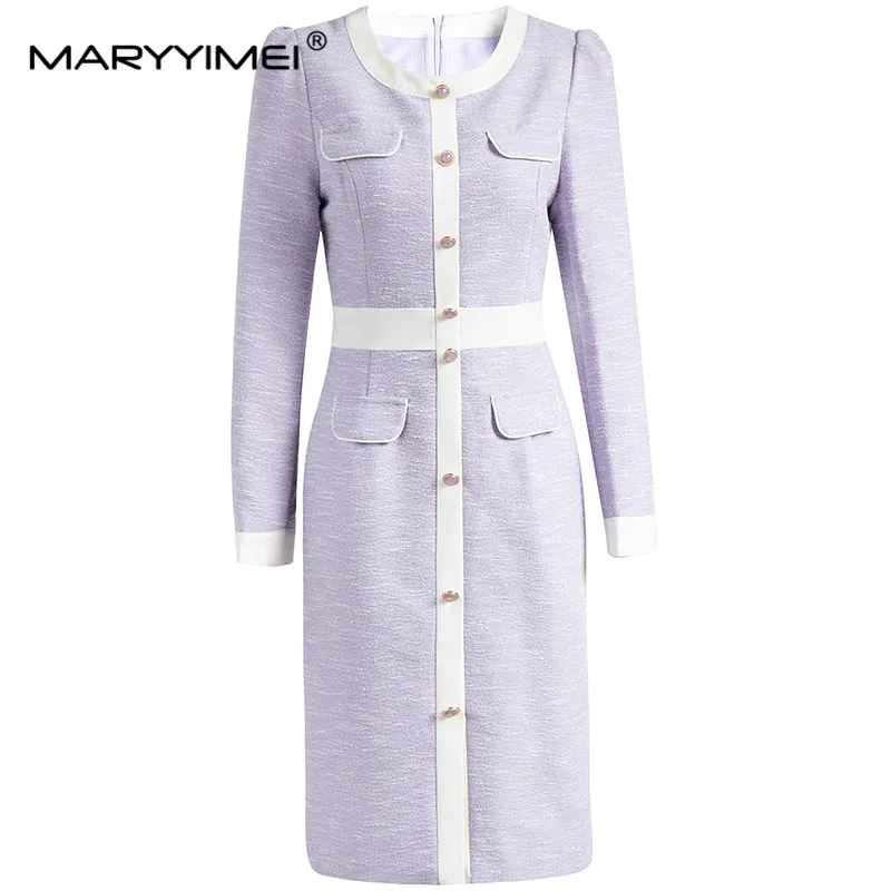 MARYYIMEI autunno inverno Fashion designer abito da donna a maniche lunghe monopetto a vita alta eleganti abiti viola pallido